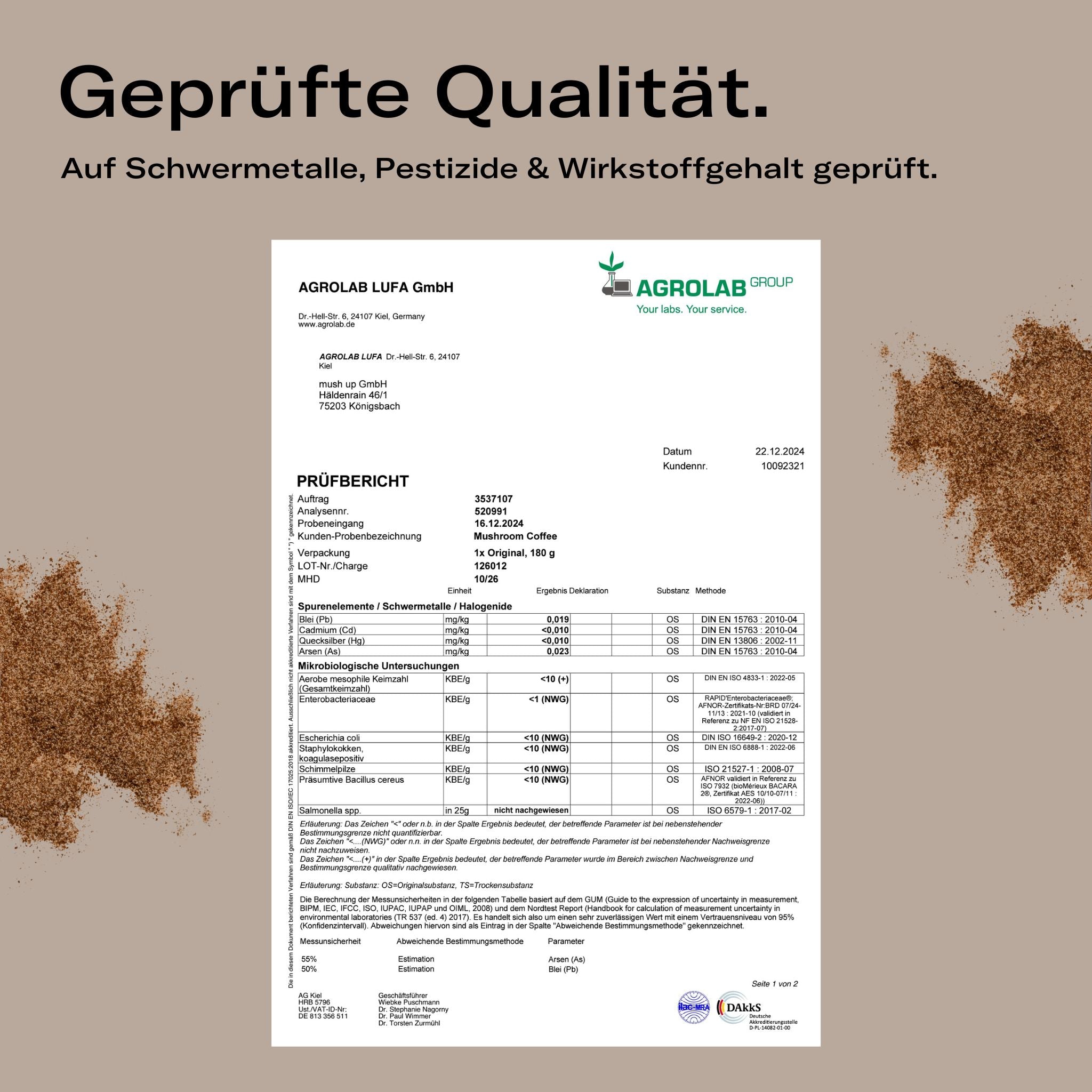 Geprüfte Qualität von mush up Mushroom Coffee – offizieller Laborbericht der AGROLAB LUFA GmbH, der die Analyse auf Schwermetalle, Schadstoffe und mikrobiologische Sicherheit bestätigt. Garantierte Reinheit und höchste Standards.