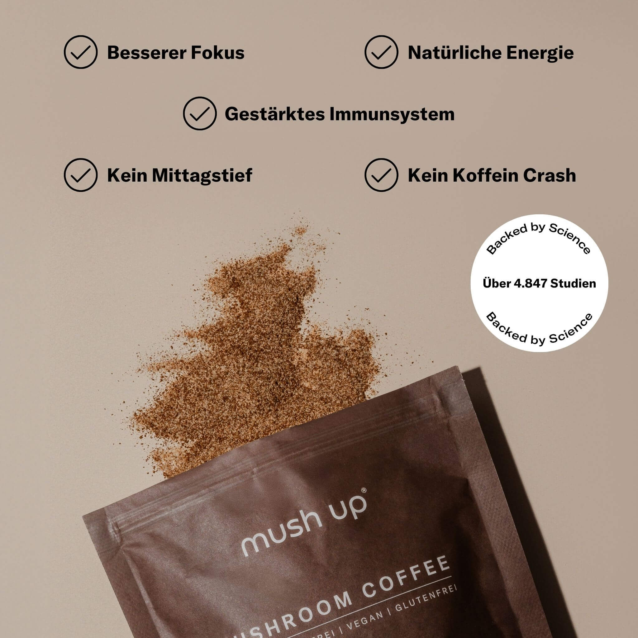 mush up Mushroom Coffee – wissenschaftlich fundierte Vorteile: Besserer Fokus, natürliche Energie, gestärktes Immunsystem, kein Mittagstief und kein Koffein-Crash. Unterstützt durch über 4.847 Studien.